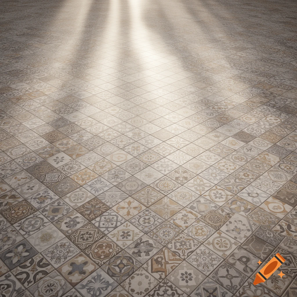 An overhead view of a floor covered in small, intricately patterned tiles, illuminated by several beams of light from above.