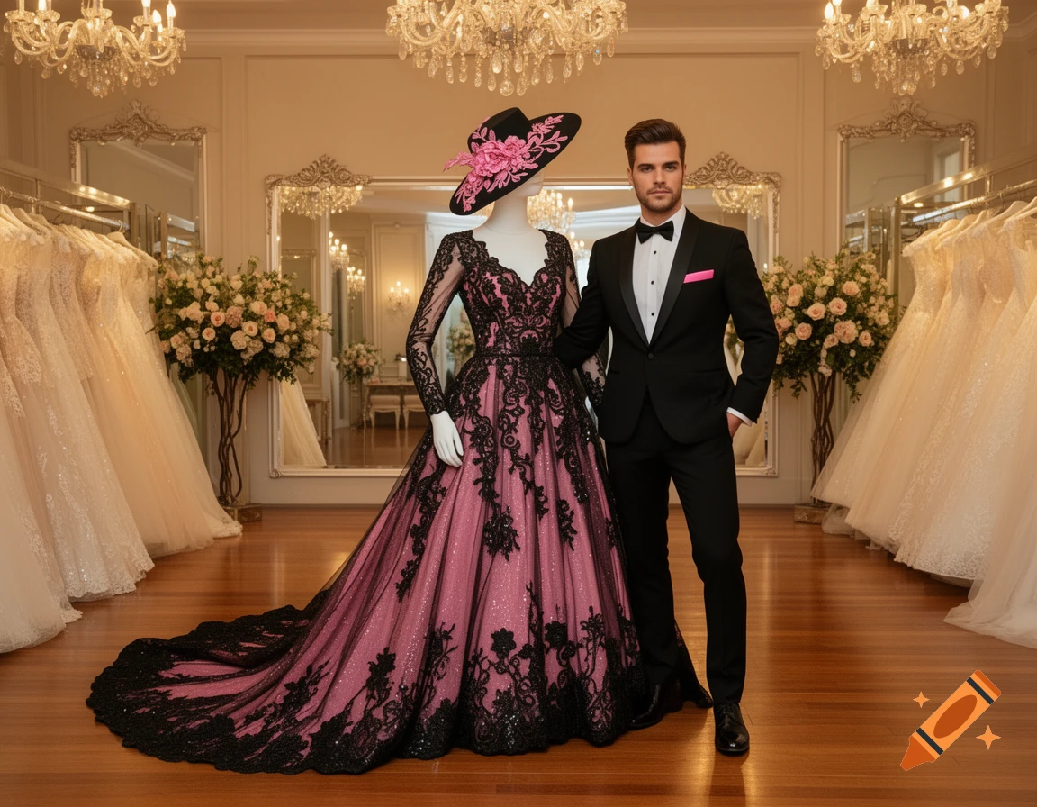 A man in a black tuxedo stands next to a mannequin in a long pink and black formal dress and hat in a luxurious bridal shop.