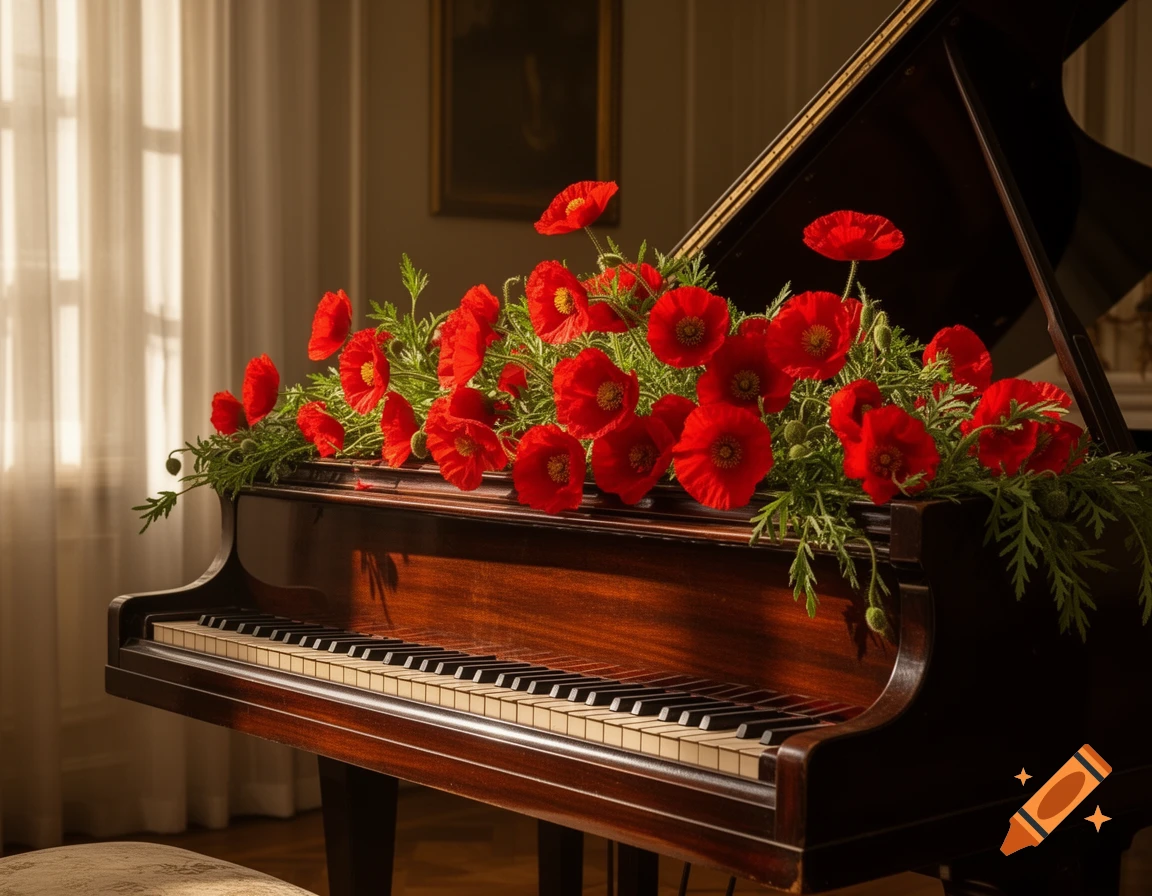 A photorealistic image of a grand piano adorned with a lush bouquet of red poppies, bathed in warm light from a nearby window.