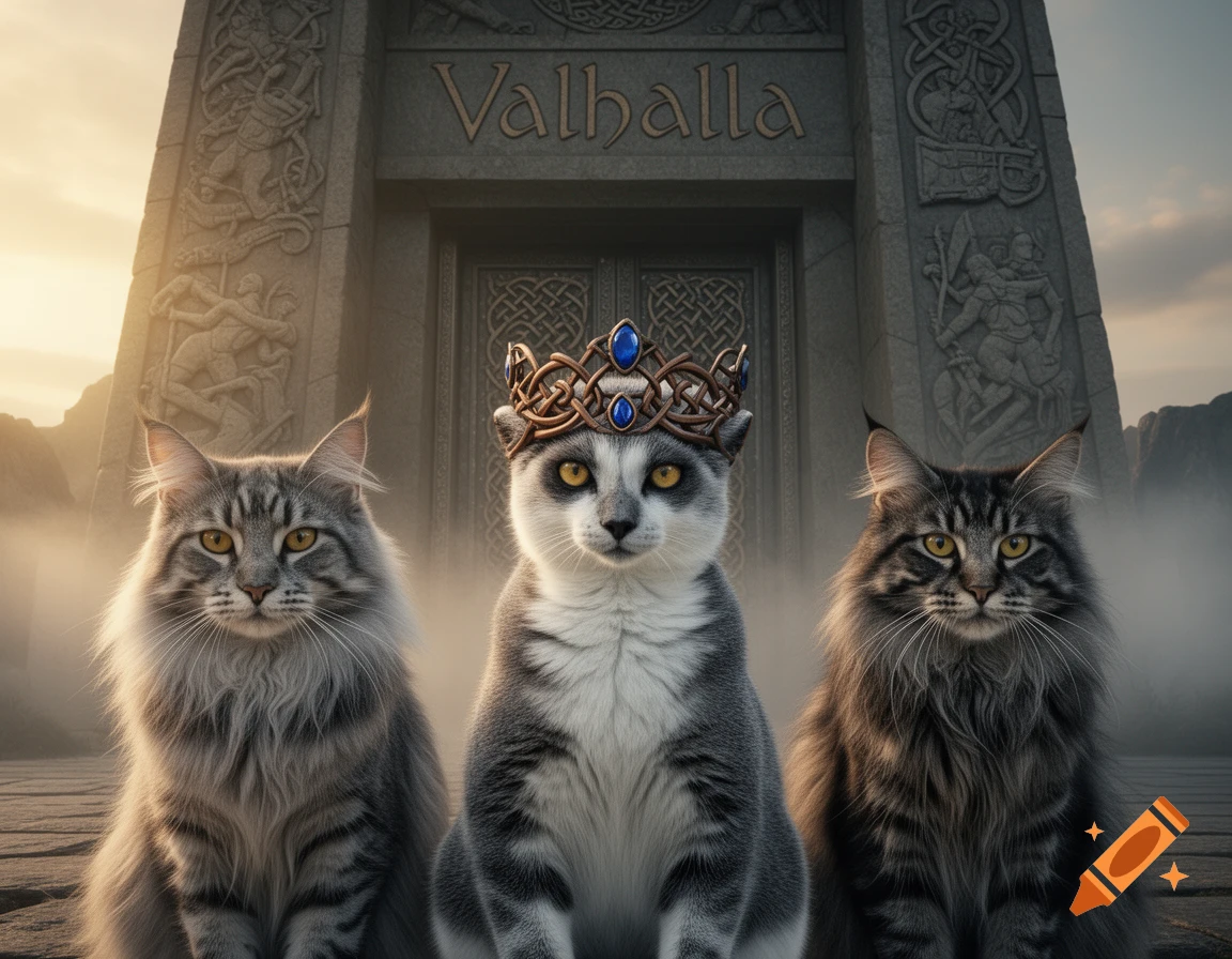 Three photorealistic cats, one crowned, sit solemnly before a misty stone gateway inscribed 'Valhalla'.
