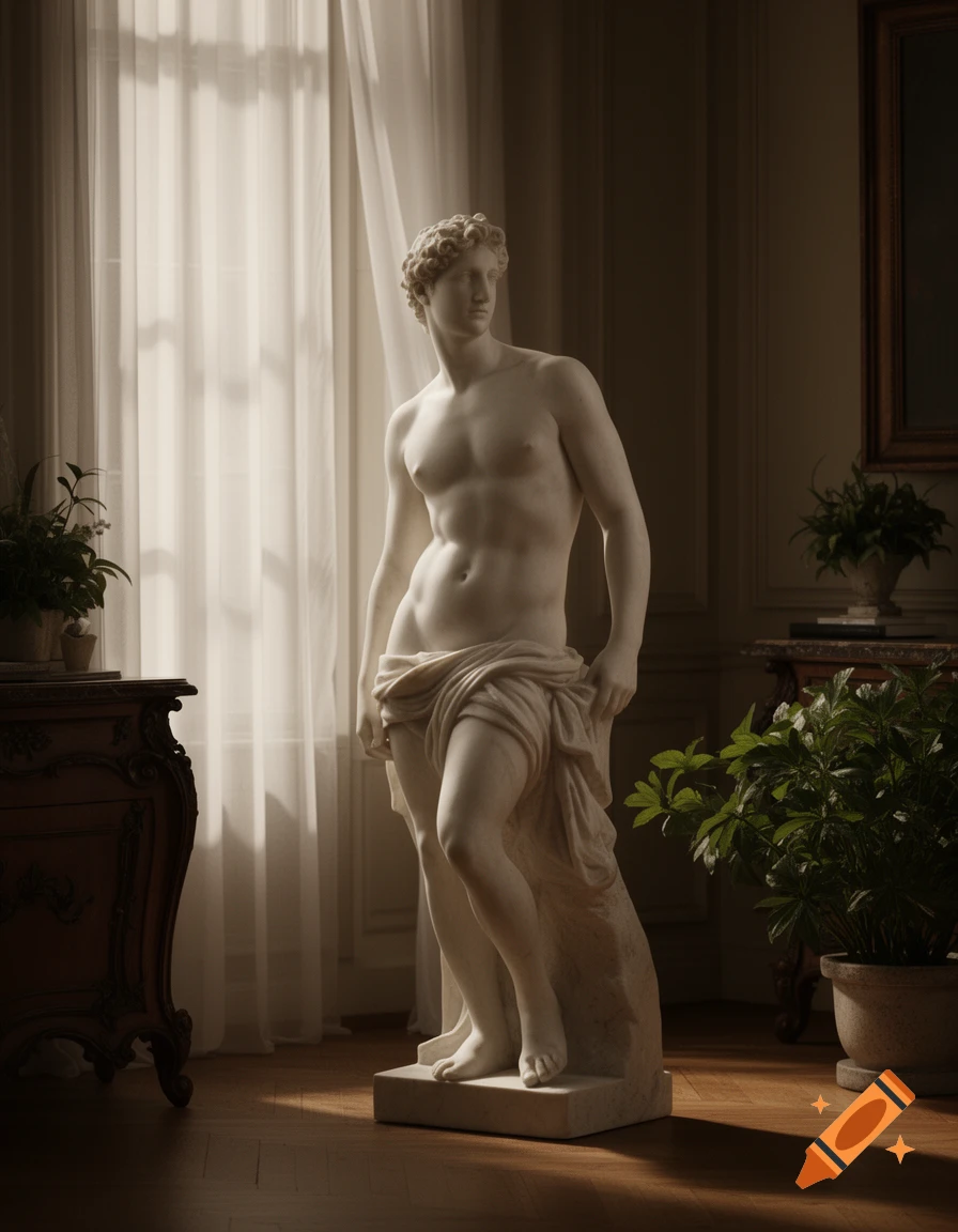 Full-body marble statue of a nude man with drapery, standing in a sunlit room with antique furniture and plants.
