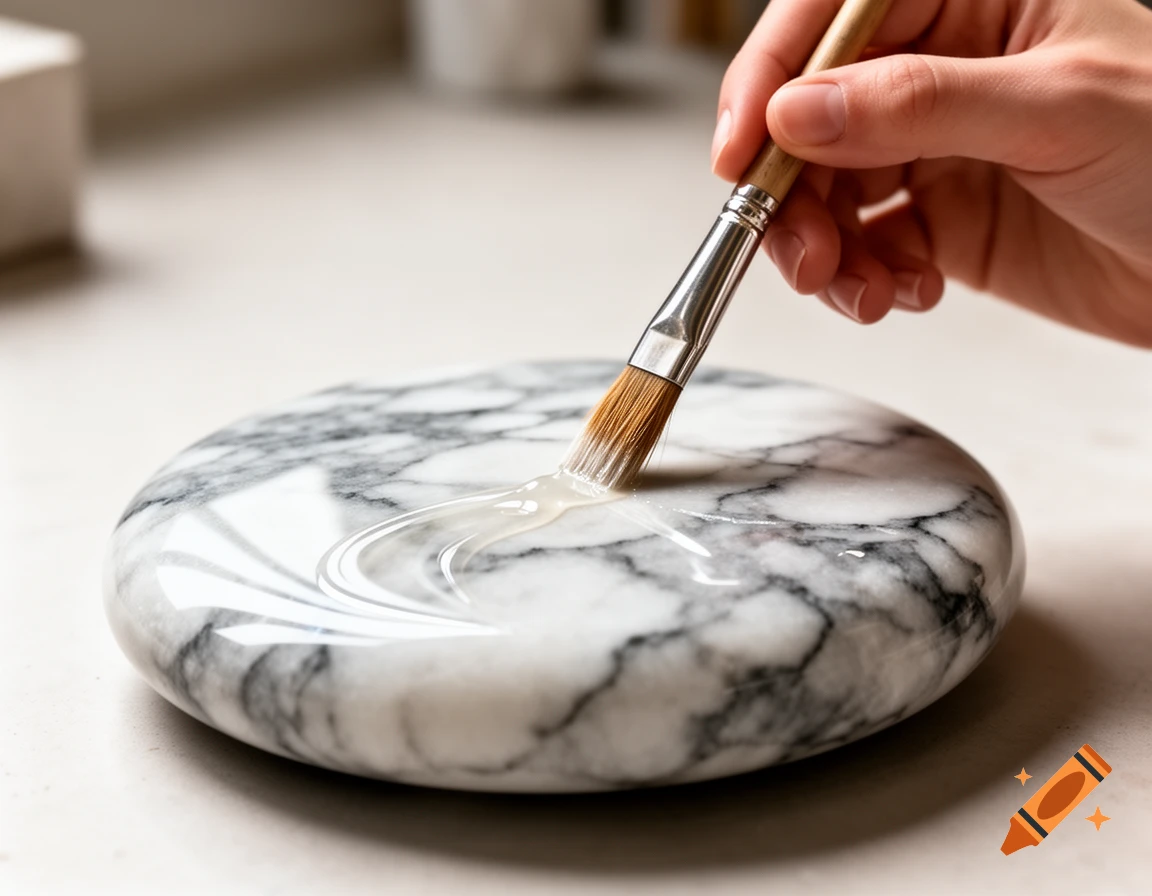 A hand holding a paintbrush applies a clear liquid to a round, polished white and gray marble stone, creating swirls.
