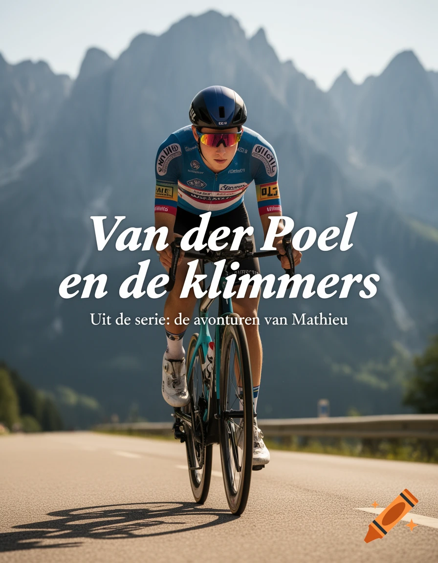 A male cyclist in a blue jersey rides uphill on a mountain road. Text overlay 'Van der Poel en de klimmers'.