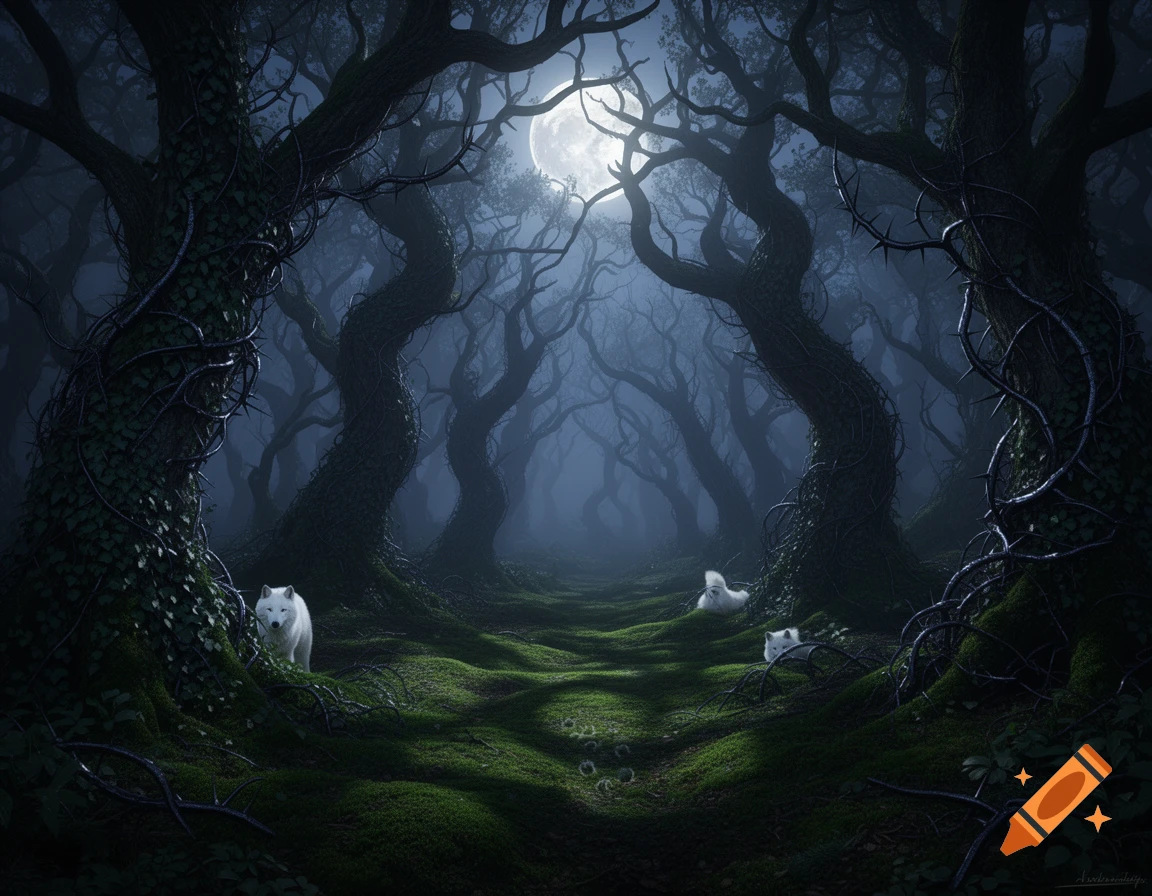 A full moon illuminates a dark, mossy forest with twisted, gnarled trees, where three white wolves lurk among the shadows.