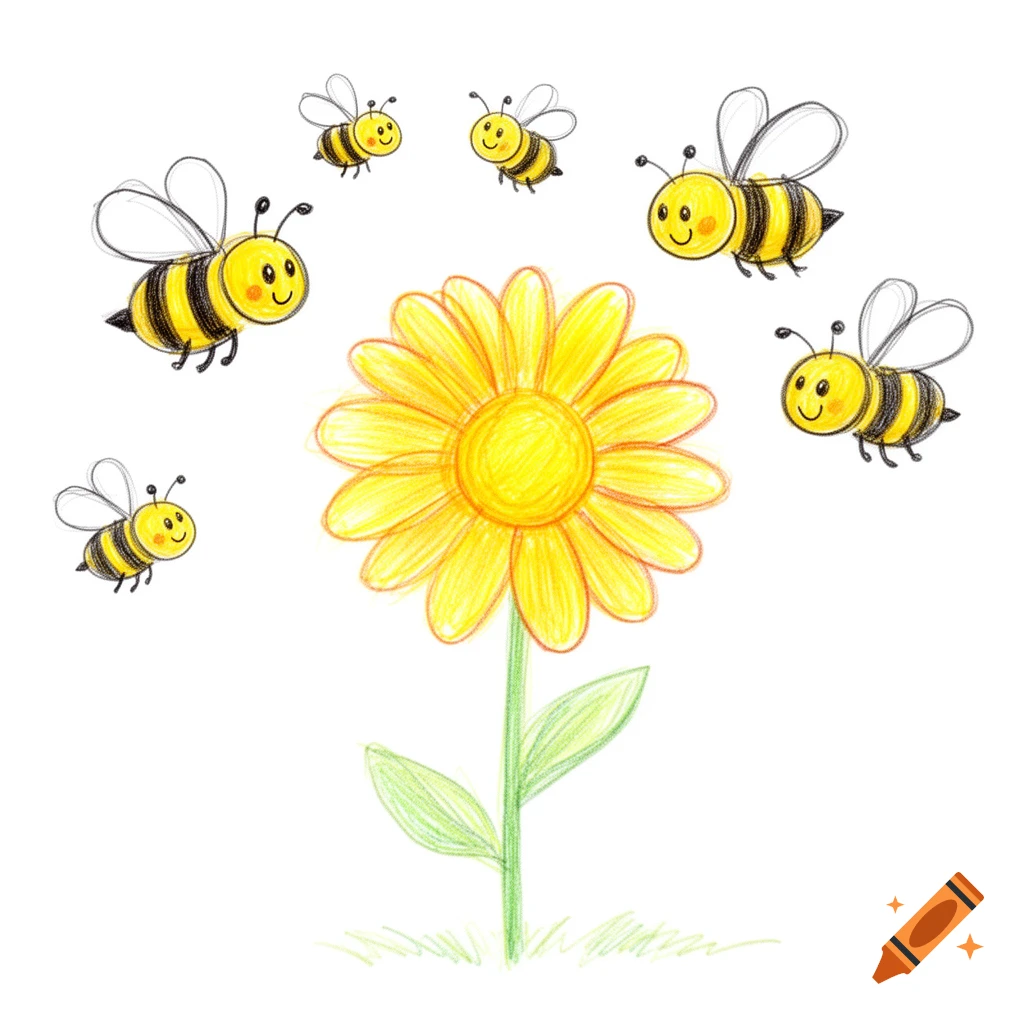 Simple child-like drawing of happy honey bees with a bright yellow flower against a white background.