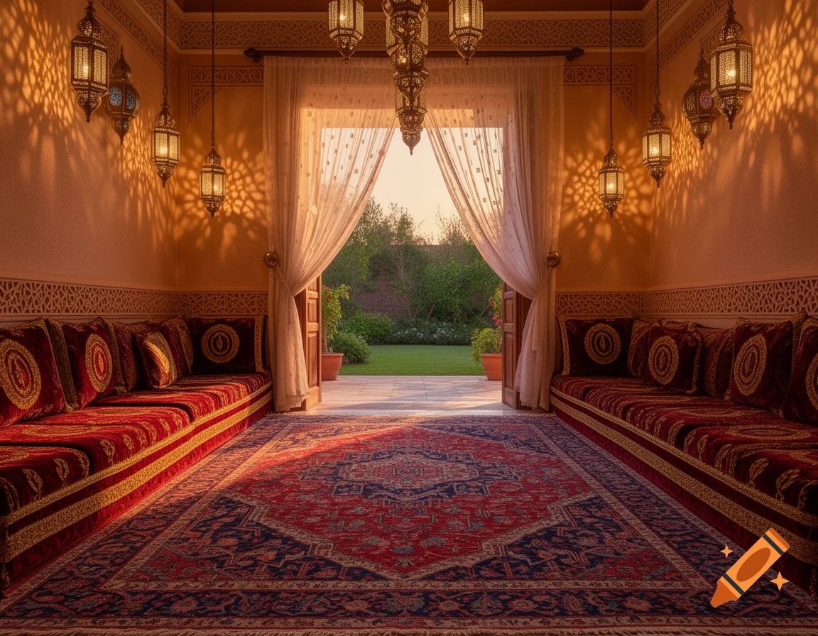 A lavish Moroccan-style room with deep red upholstered seating, ornate patterned rugs, and multiple hanging lanterns casting intricate shadows, looking out to a sunlit green garden.