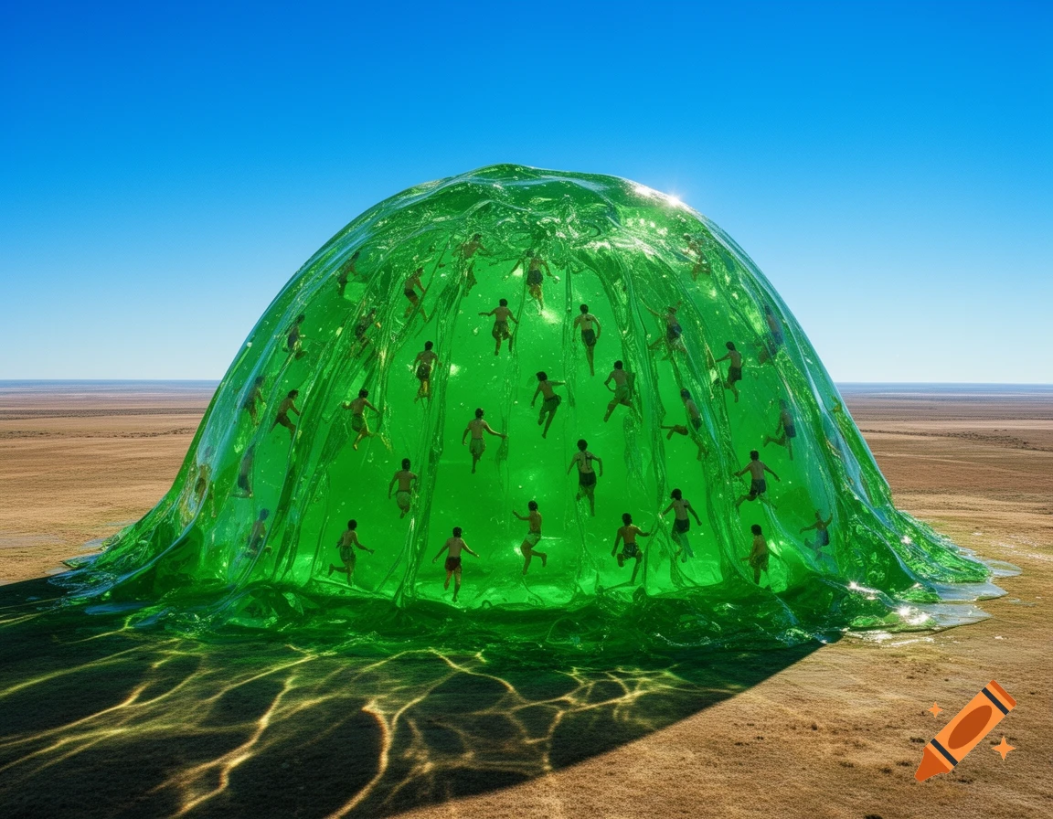 A giant, translucent green jello dome filled with many small figures of people, sits in a vast, arid landscape under a clear blue sky.
