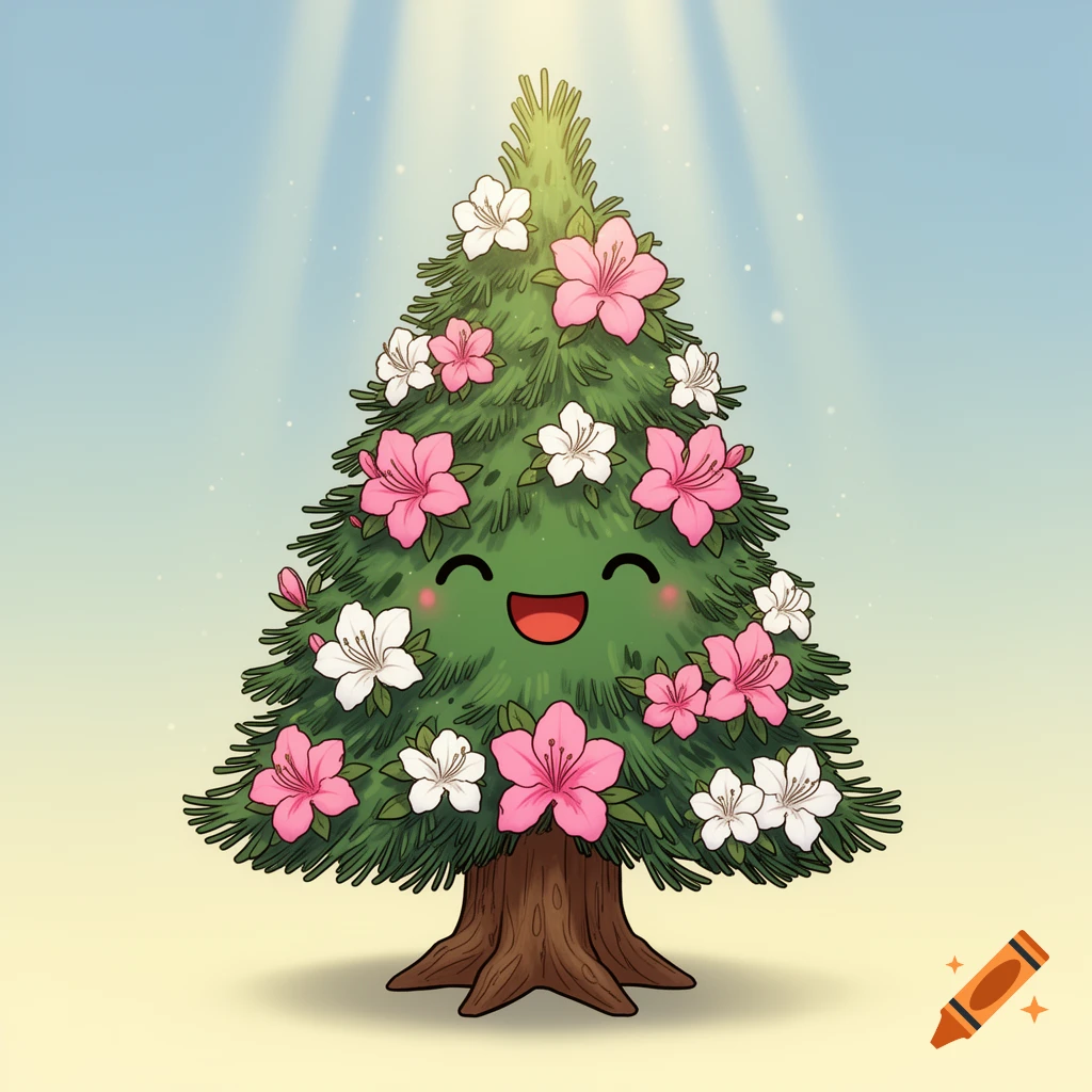 A cheerful cartoon pine tree character with a happy face, rosy cheeks, and pink and white azalea flowers, under soft light rays.