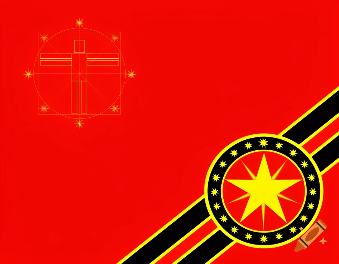 A red flag with a geometric Vitruvian Man symbol in the top left, and a yellow star in a circular emblem in the bottom right, with black and yellow diagonal stripes.