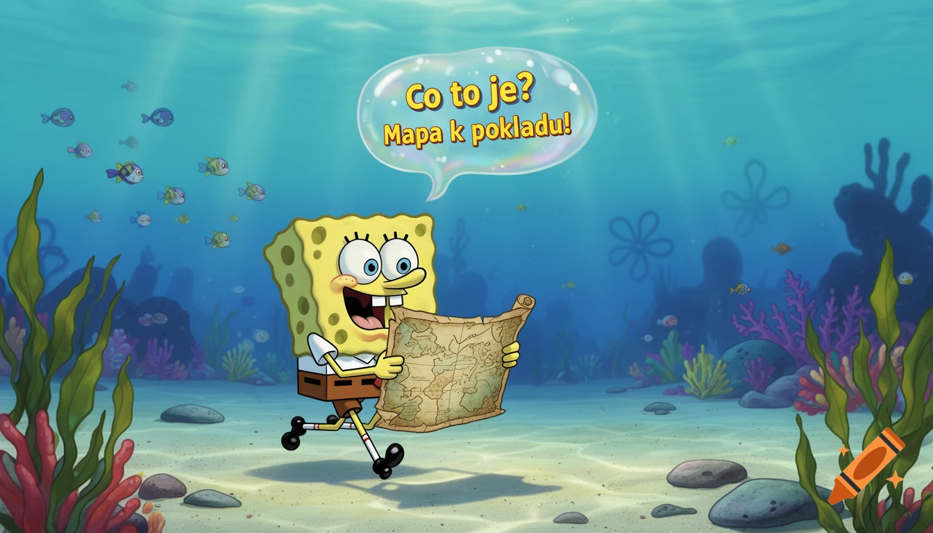 SpongeBob SquarePants walks on the ocean floor, holding a treasure map with a speech bubble, in a cartoon style.