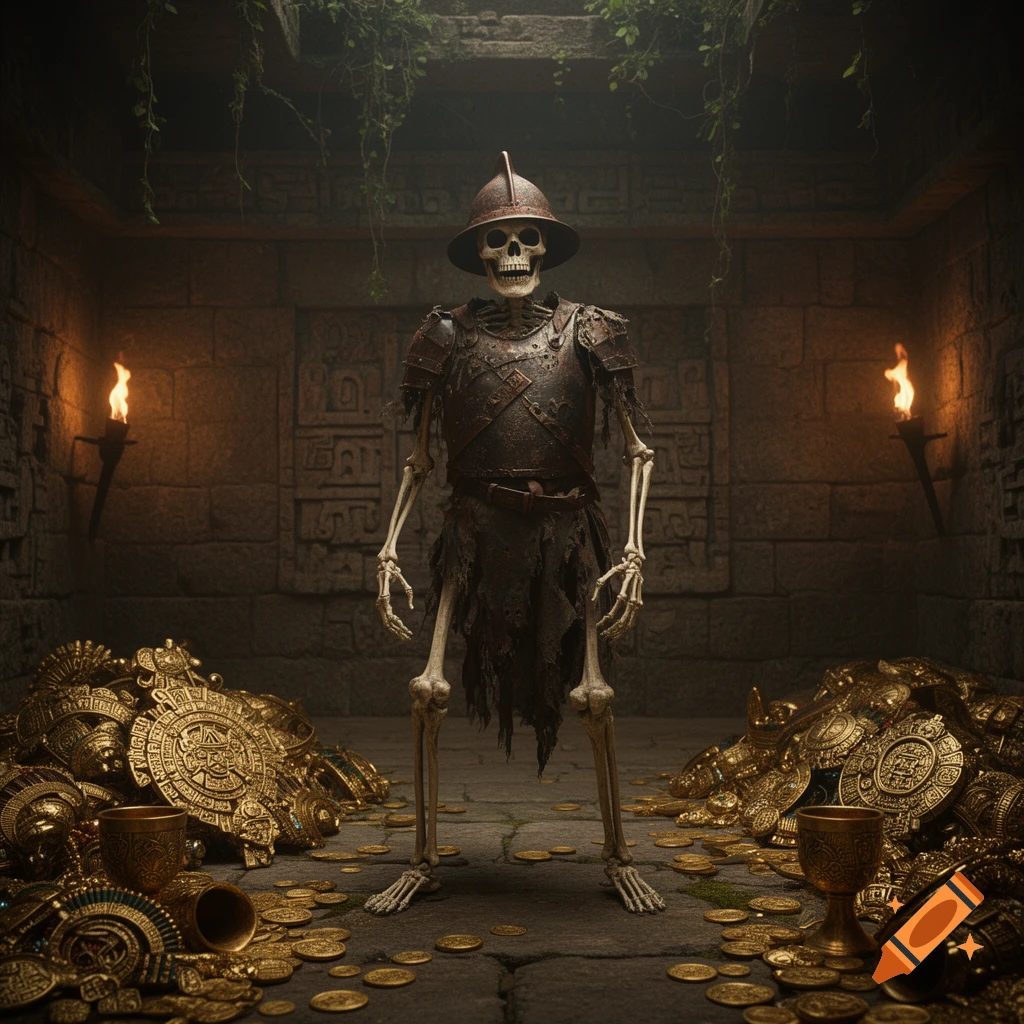 A skeletal conquistador warrior in rusted armor and helmet stands amidst piles of Aztec gold coins and artifacts in a torch-lit tomb.