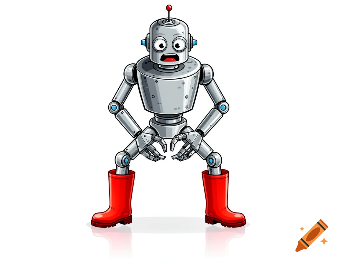 A cartoon grey robot in red wellington boots stands with wide legs, hands clasped between its legs, looking anxious.