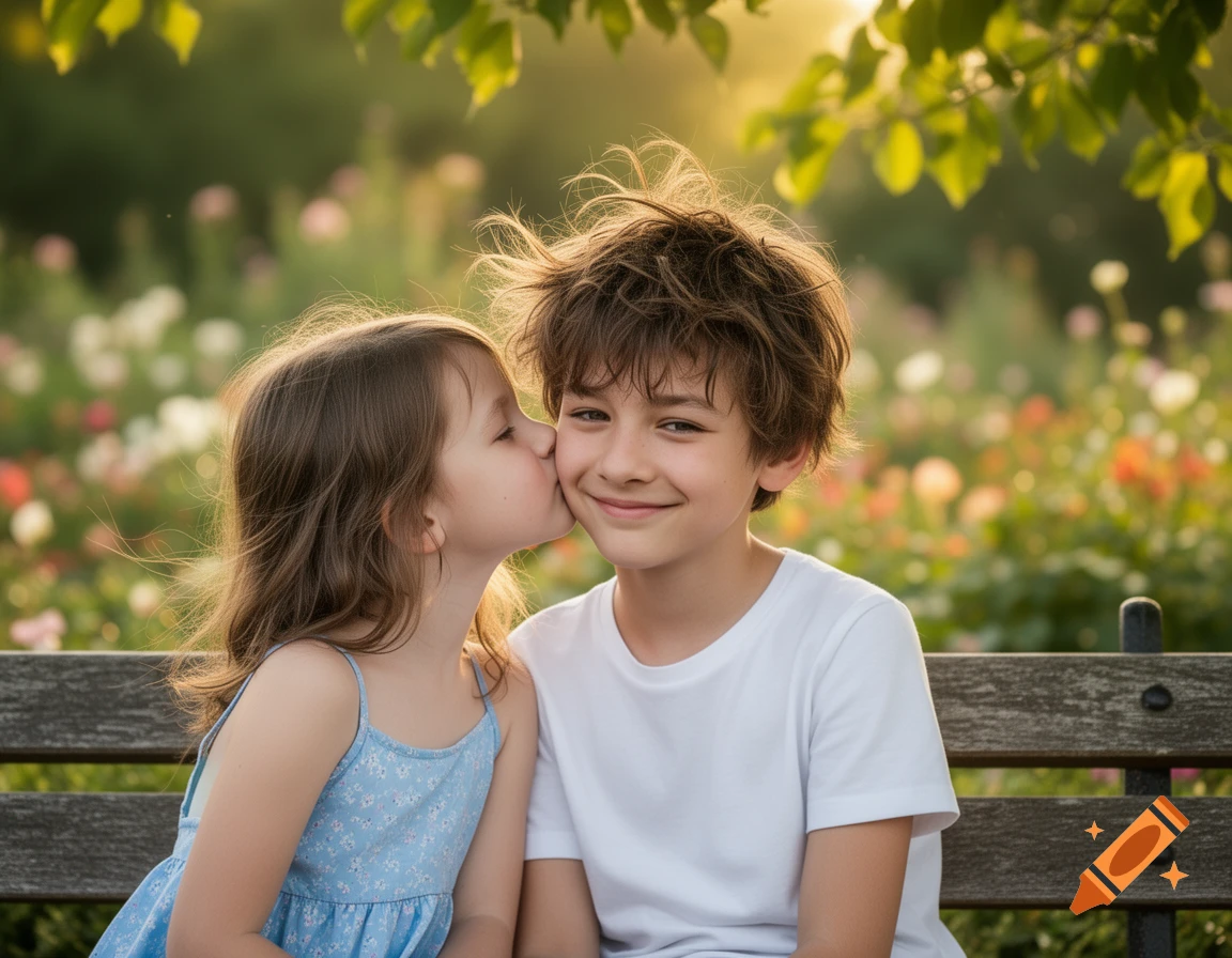 A young girl kisses a smiling boy on the cheek while sitting on a bench in a sunny garden.