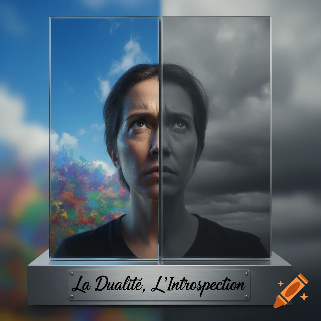 Photorealistic image of a woman's face split, one side vibrant under a blue sky, the other grayscale under a stormy sky, on a display plaque labeled "La Dualit é, L'Introspection".