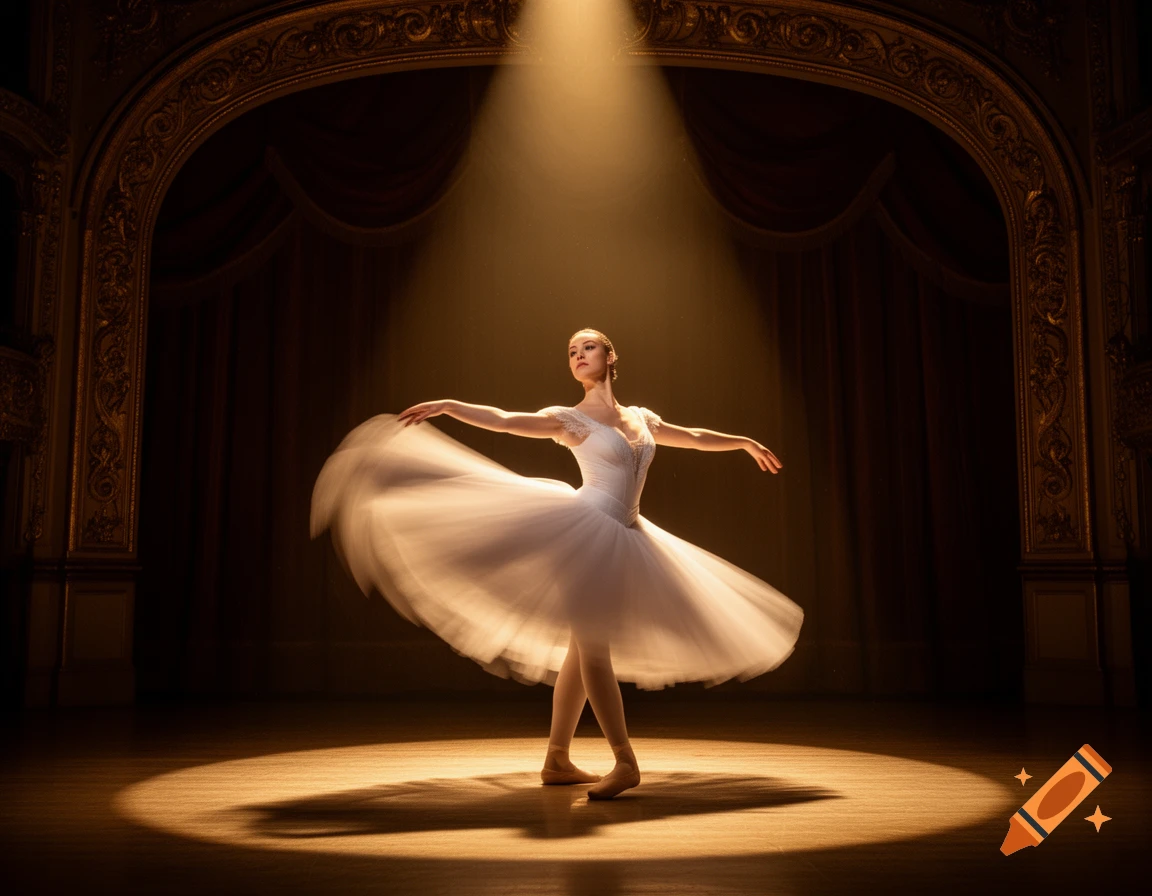A ballerina in a white tutu spins gracefully under a dramatic spotlight on a dark stage with ornate gold trim.