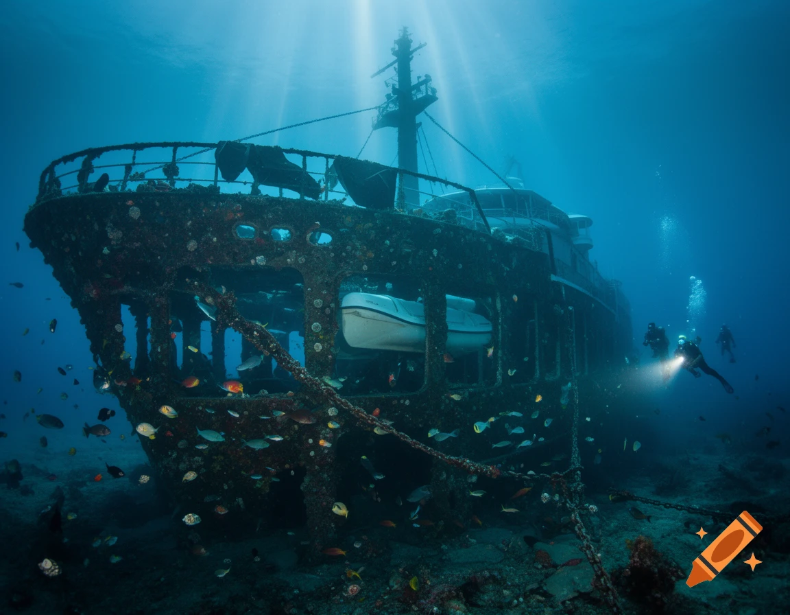 Photorealistic view of a large, coral-covered shipwreck on the ocean floor, with schools of fish and divers exploring the scene under sun rays.