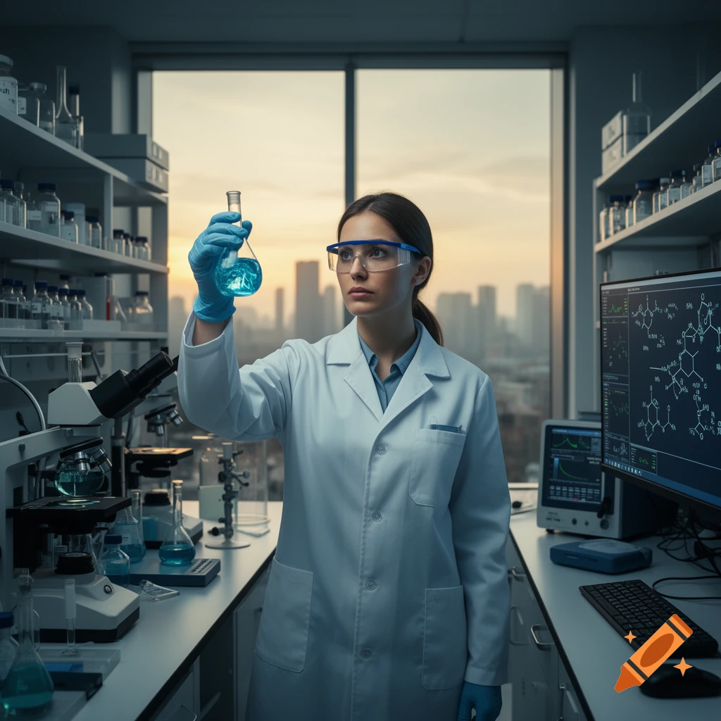 A female scientist in a lab coat and safety glasses holds a flask with blue liquid in a modern laboratory with a cityscape background.