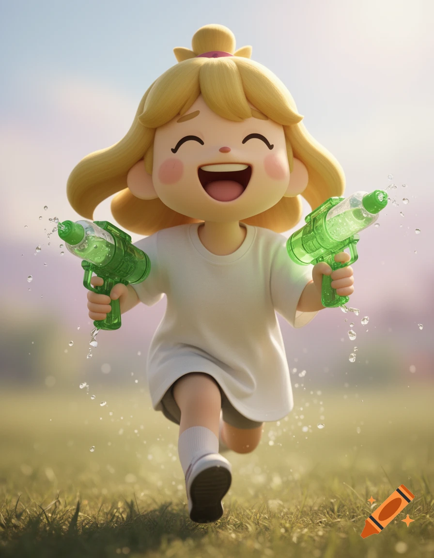 A cheerful, hyperrealistic 3D render of Isabelle from Animal Crossing, running and laughing in a sunny field, holding two green water guns.