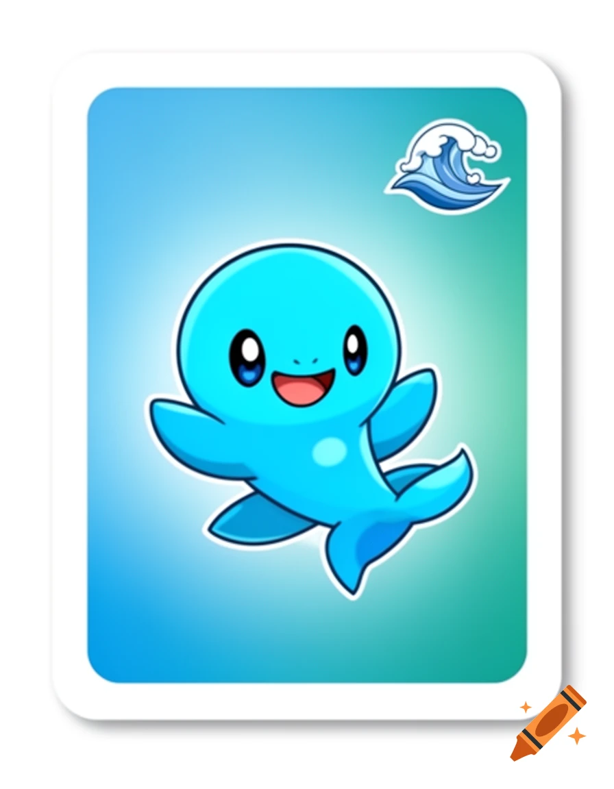 A cute, smiling blue cartoon creature with large eyes on a playing card with a blue-green gradient background and a white-outlined wave symbol.