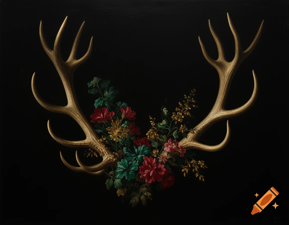Oil painting of large golden antlers with red and green flowers, on a black background.