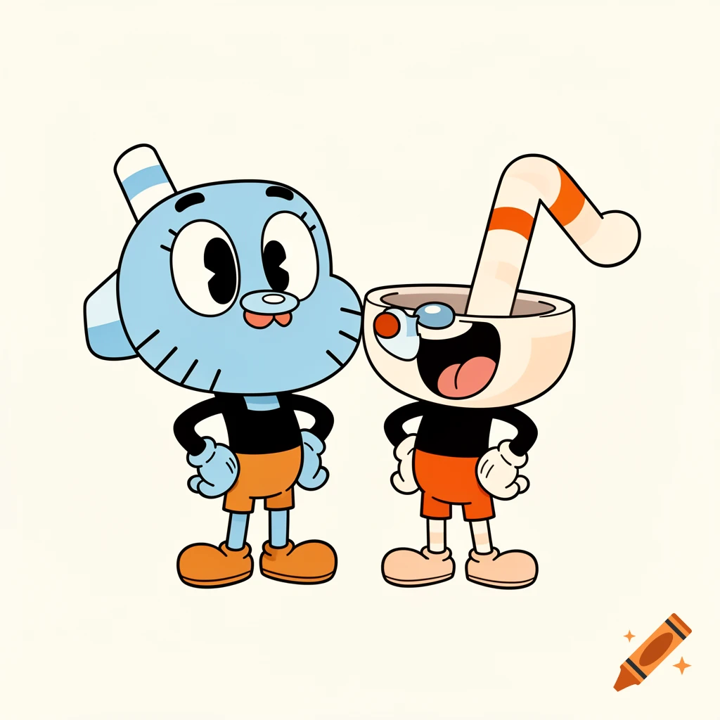 Gumball from The Amazing World of Gumball and Cuphead standing together, drawn in a retro cartoon style.