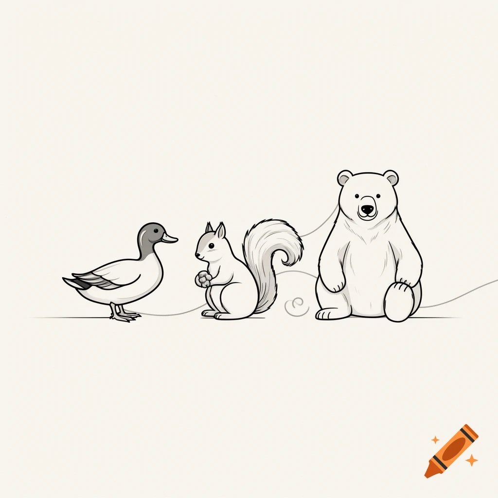 Simple line art of a duck, a squirrel, and a polar bear standing together on a light background.