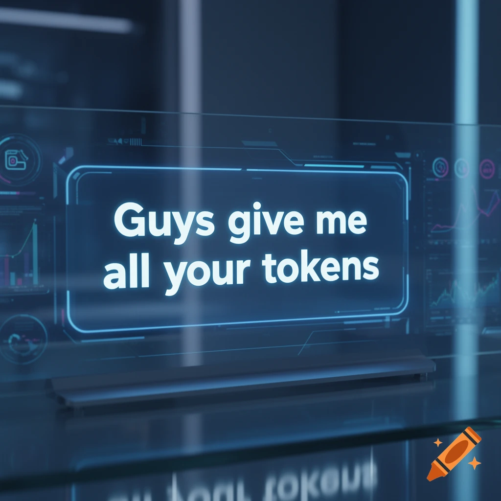 A close-up of a futuristic holographic display showing the text 'Guys give me all your tokens' surrounded by digital graphs.