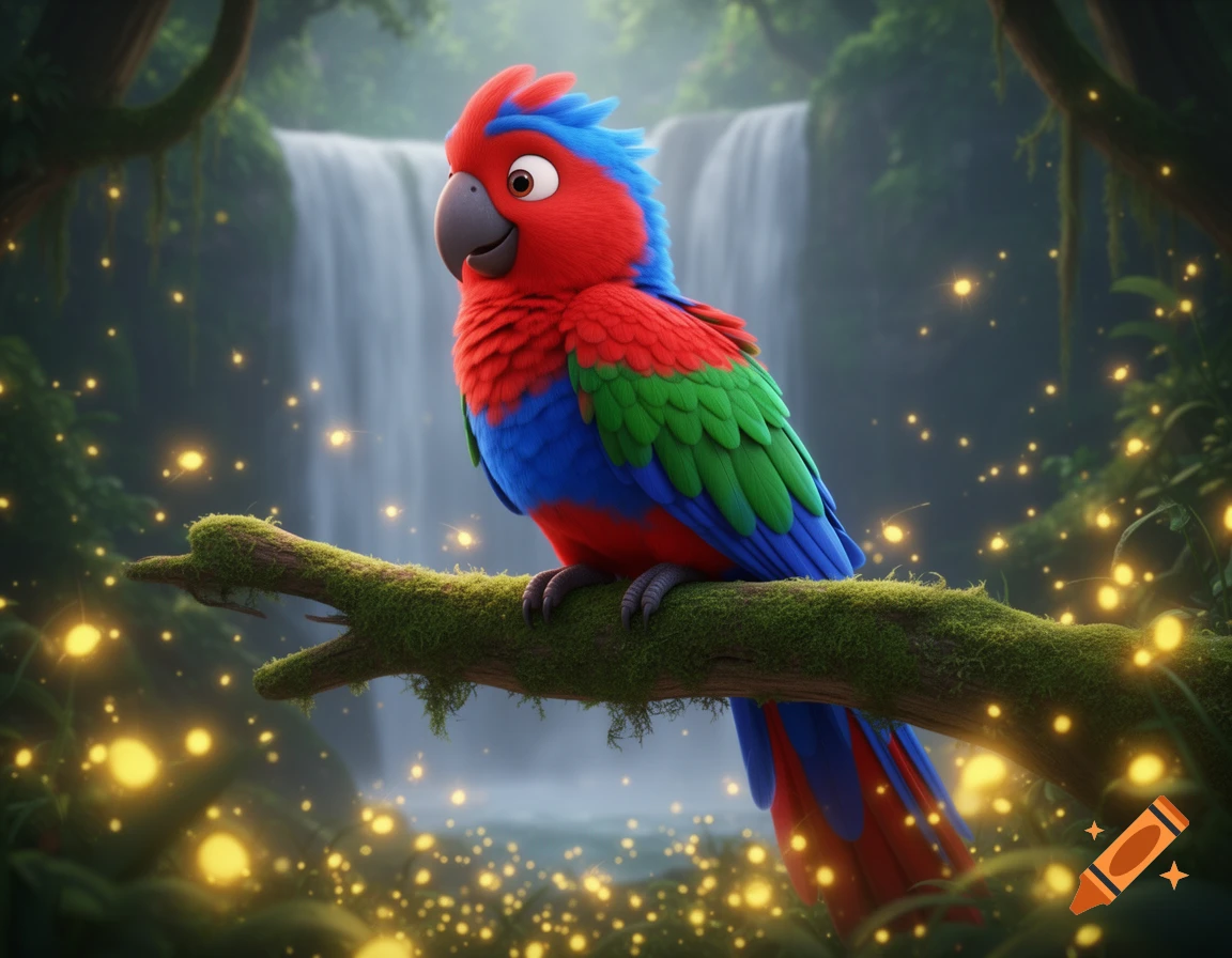 A colorful animated parrot with red, blue, and green feathers perches on a mossy branch in an enchanted forest with a waterfall and glowing fireflies.