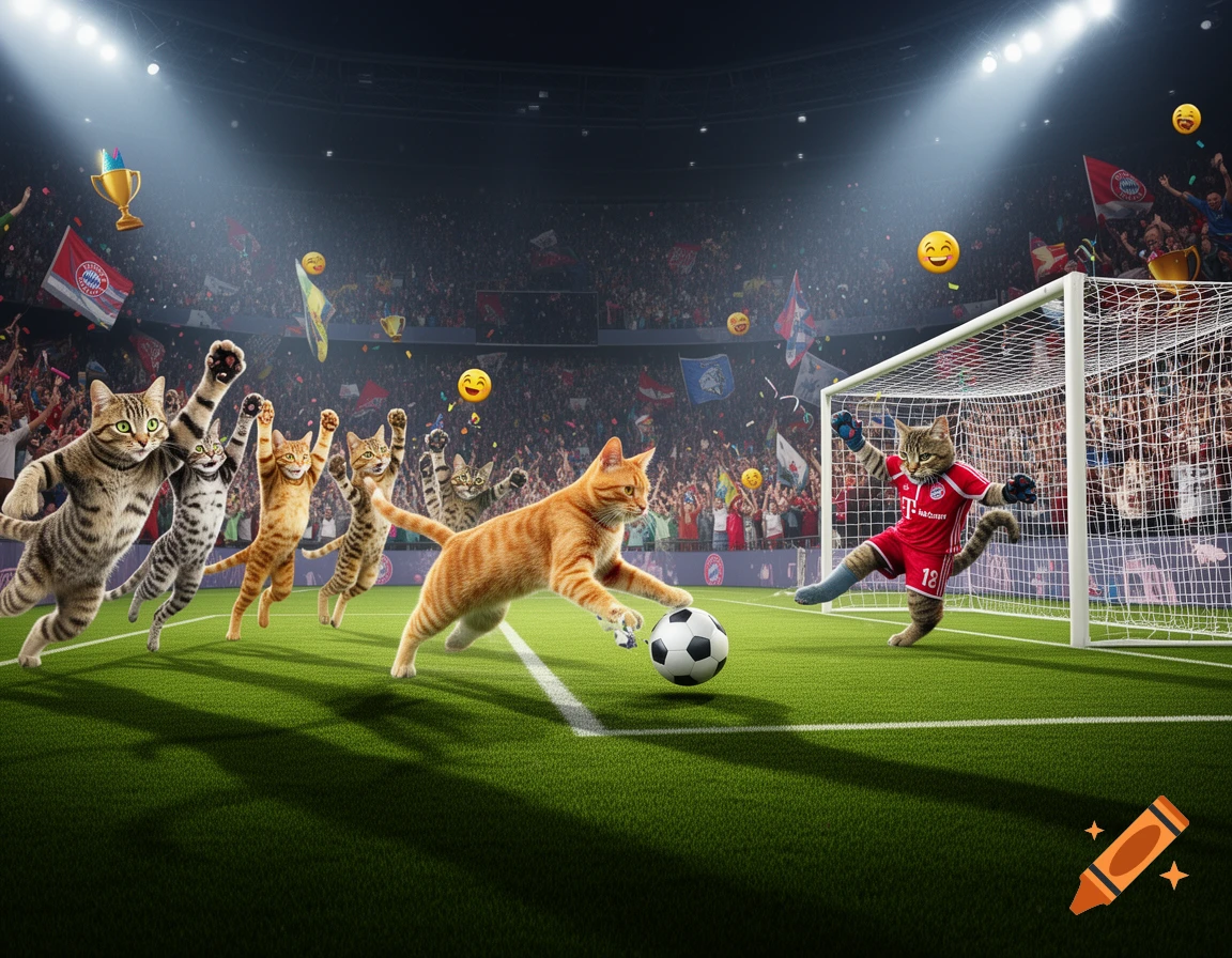 Photorealistic cats play soccer in a stadium. An orange cat kicks the ball towards the goal while other cats cheer.