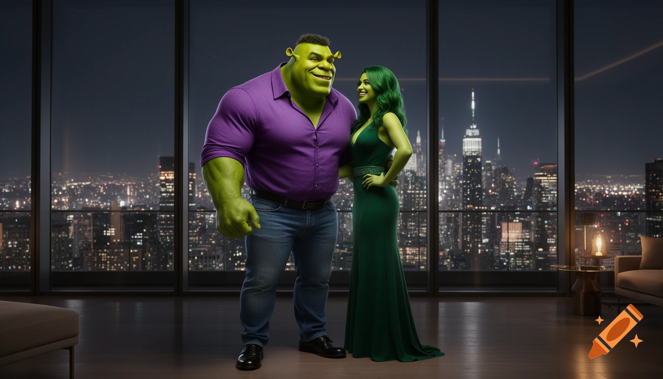 Muscular Shrek-Hulk and She-Hulk smiling in a luxurious penthouse, overlooking a shimmering city skyline at night.