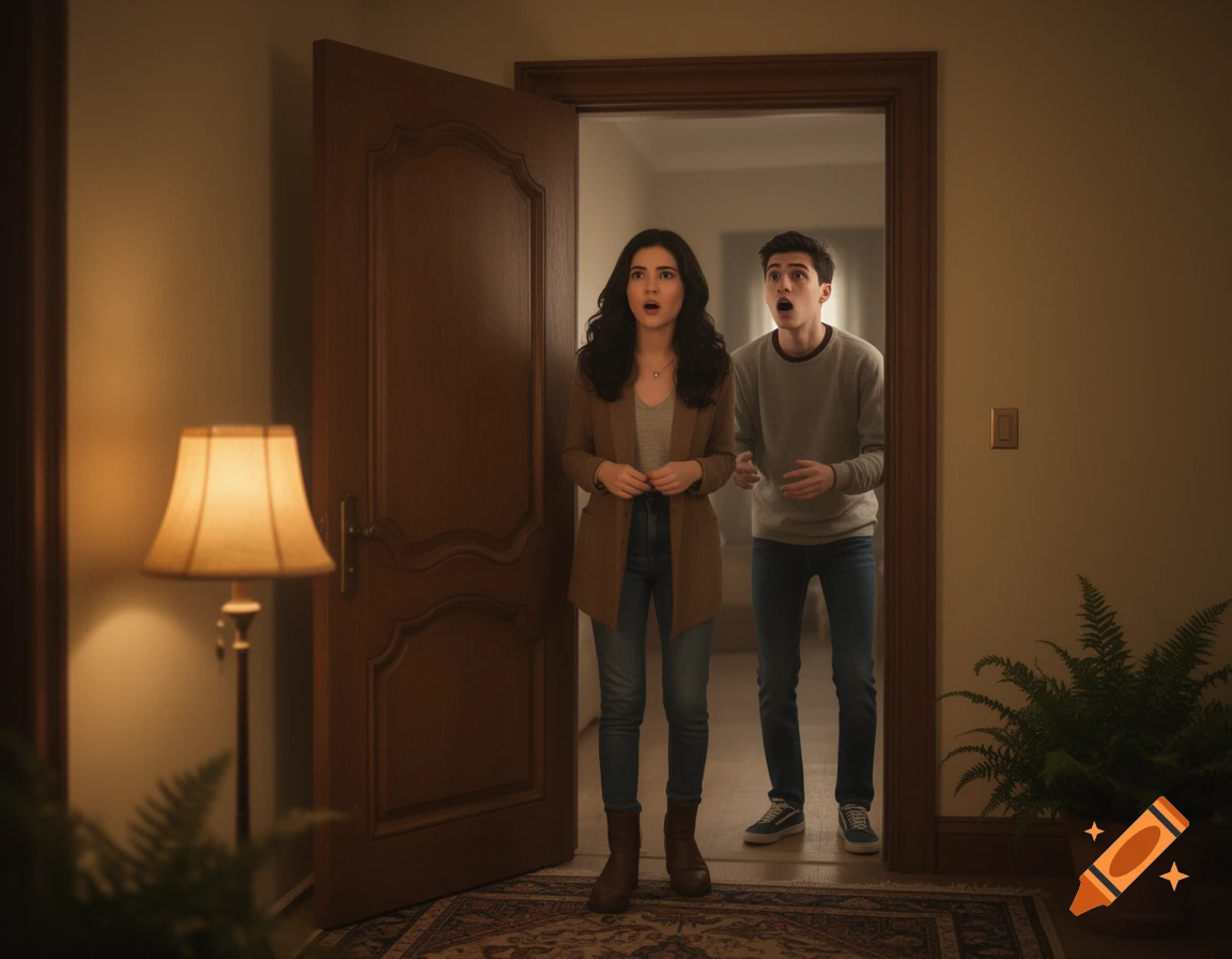 A young woman and a young man stand in an open doorway with wide-eyed, shocked expressions, looking into a dimly lit room.