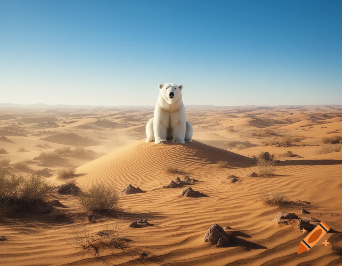 A large polar bear sits atop a sandy dune in a vast desert landscape under a clear blue sky.