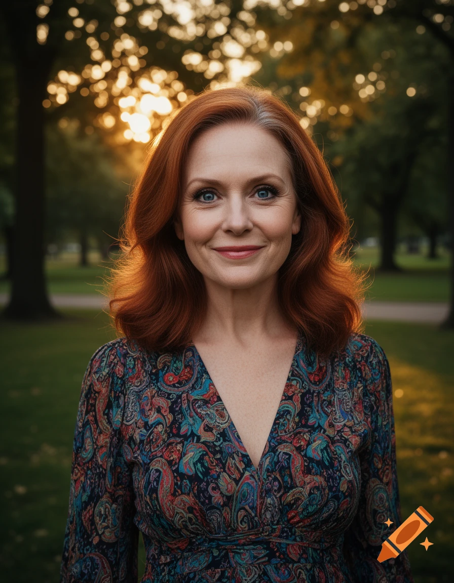 Photorealistic portrait of a smiling red-haired woman with blue eyes in a colorful dress, backlit by golden hour sunlight in a park.