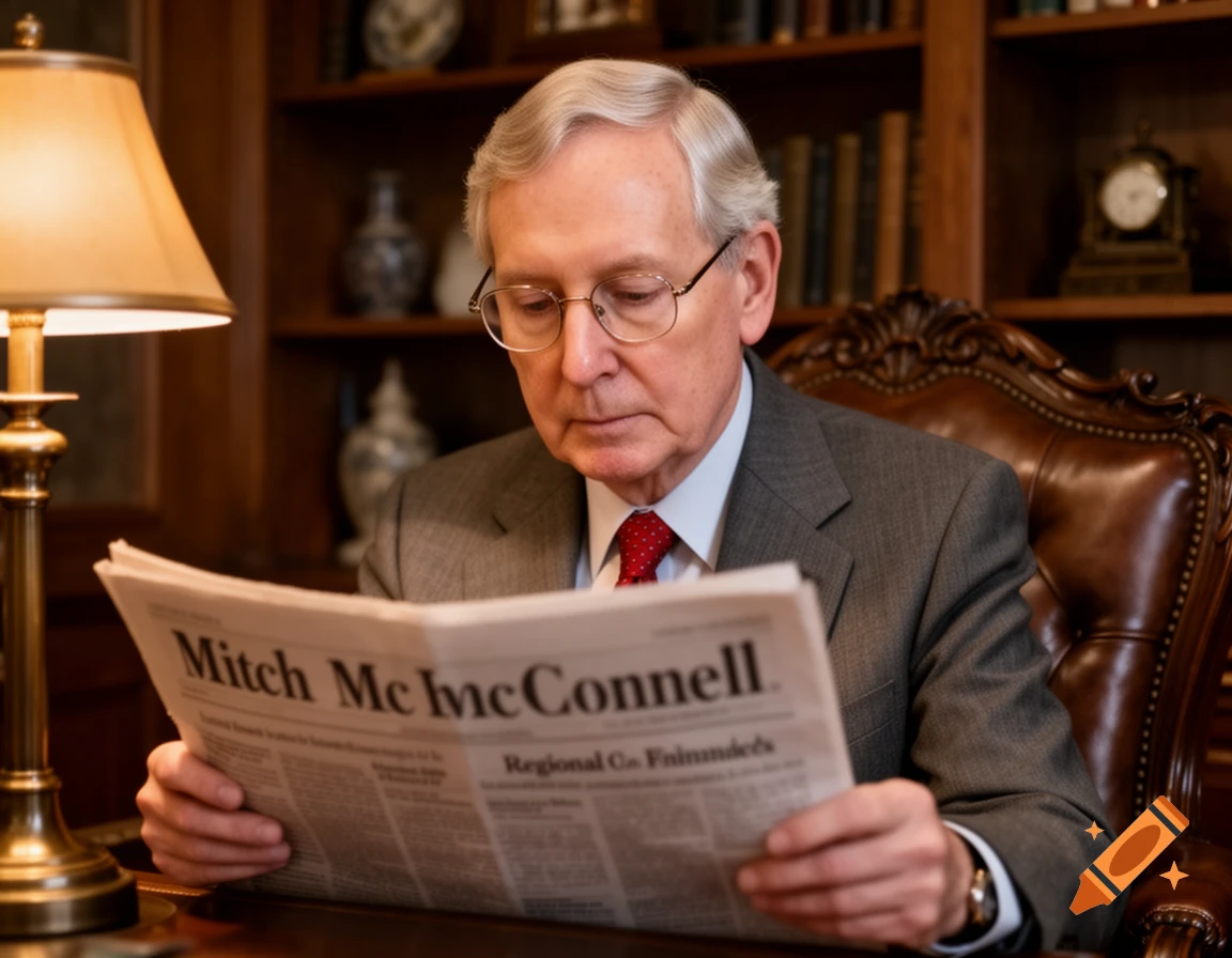 Mitch McConnell, an older man in a suit and glasses, sits at a desk in an office, reading a newspaper.