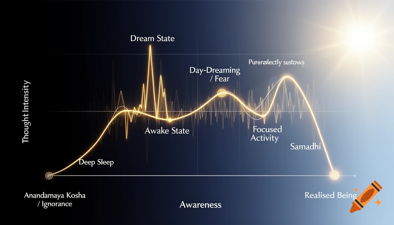 A glowing infographic chart maps Thought Intensity against Awareness, detailing states like Deep Sleep, Dream State, Awake State, Day-Dreaming, Focused Activity, Samadhi, and Realised Being.