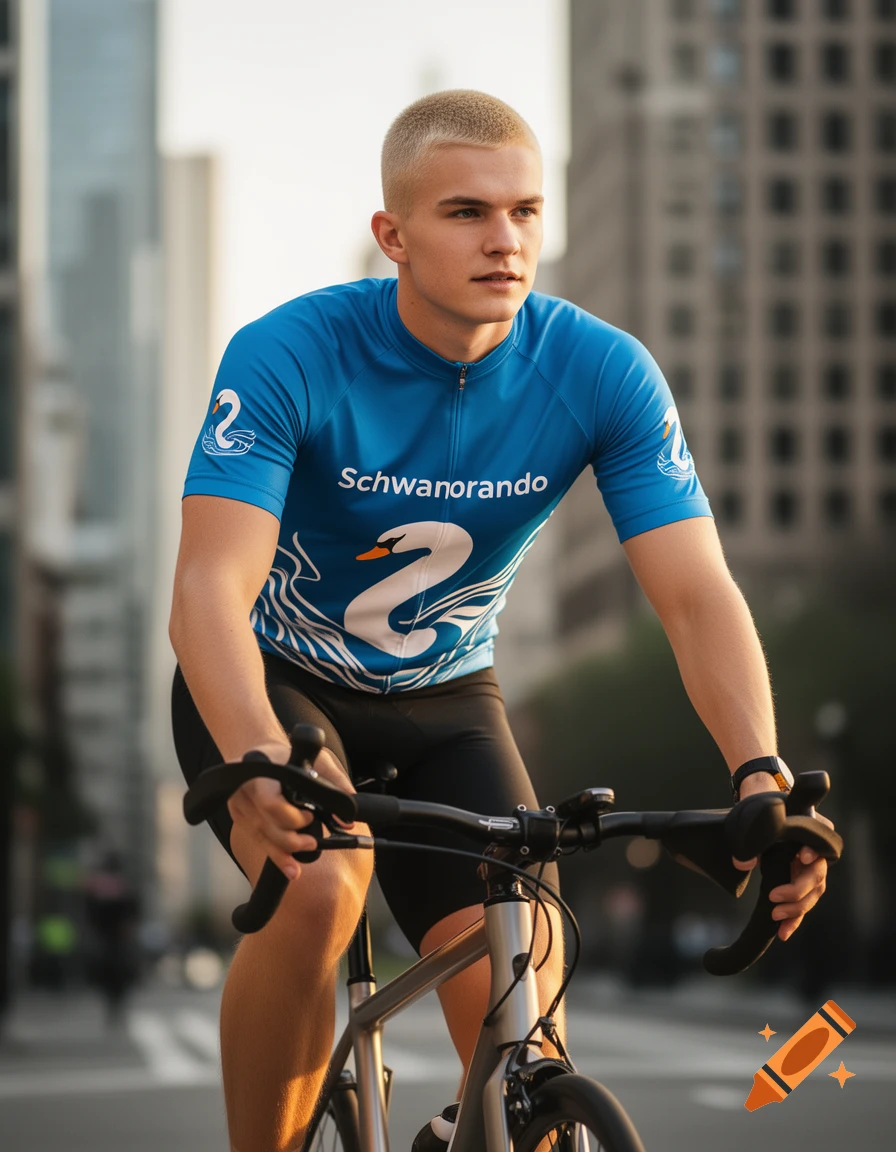 A young man with short blonde hair rides a bicycle in a city, wearing a blue cycling jersey with 'Schwanorando' and a swan logo.