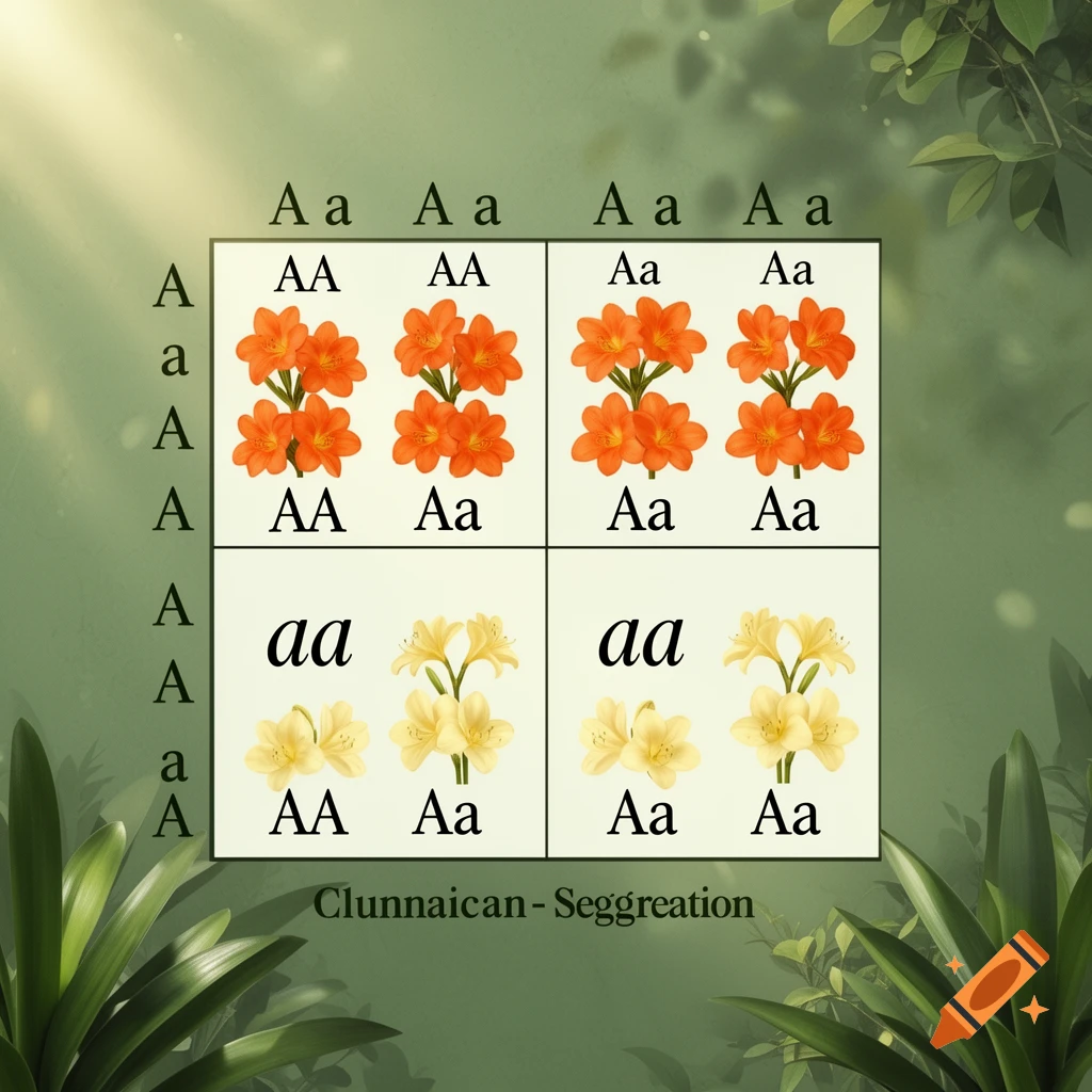 A Punnett square diagram on a green, leafy background, showing the genetic segregation of flower color. The square displays 'A' and 'a' alleles across the top and side. The top two rows show 'AA' and 'Aa' genotypes with orange flowers. The bottom two rows show 'aa' genotypes with yellow flowers. Incorrect text "Clunnaican-Seggreation" is at the bottom.
