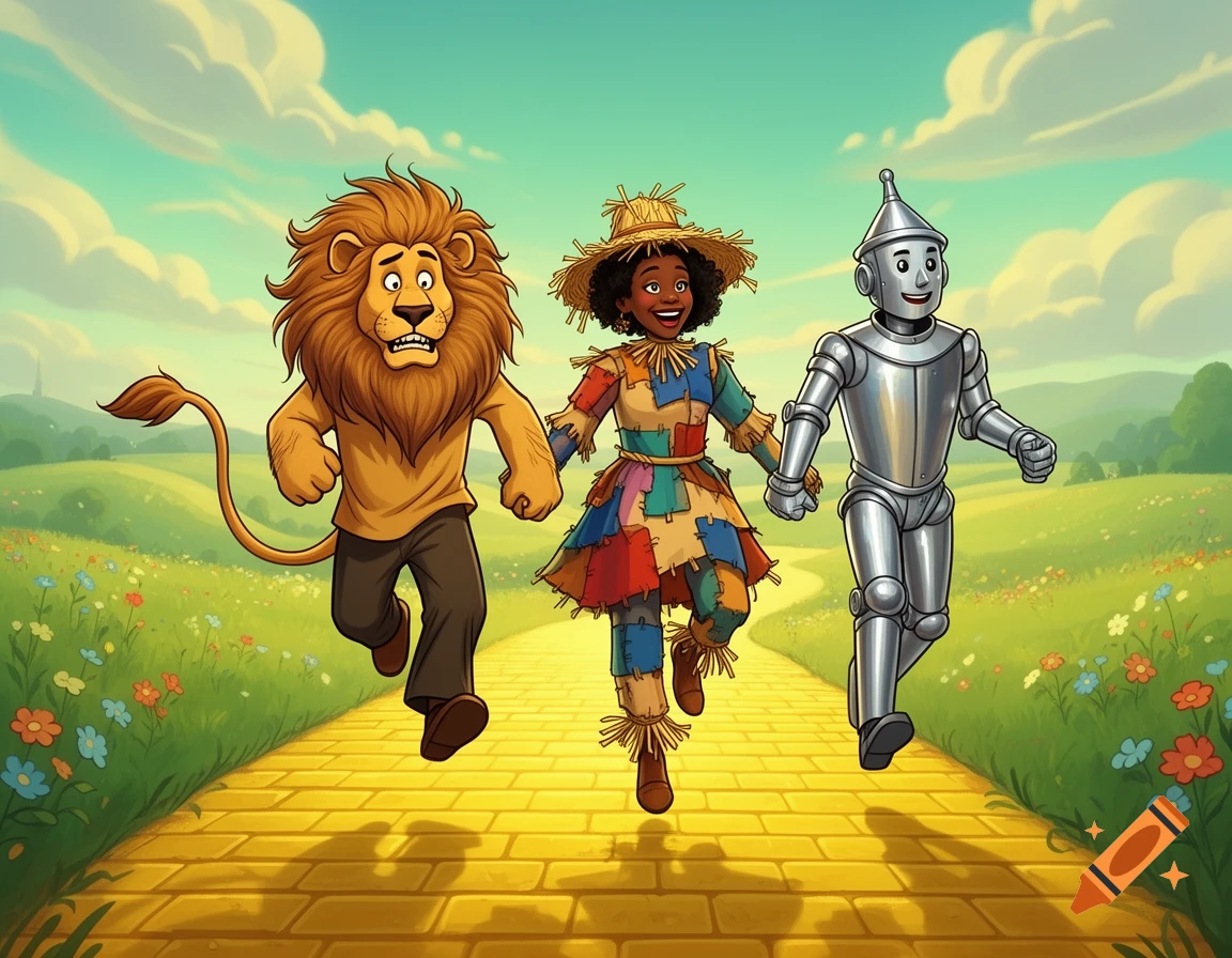 A cartoon cowardly lion, scarecrow, and tin man skip down a yellow brick road in a vibrant, grassy landscape.
