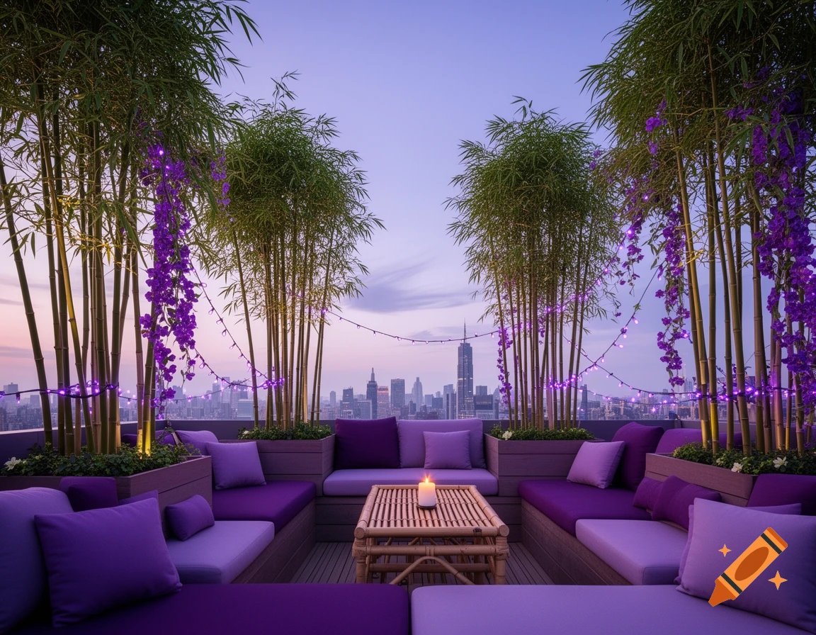 A luxurious purple-themed rooftop lounge with bamboo plants, string lights, and a distant city skyline at dusk.