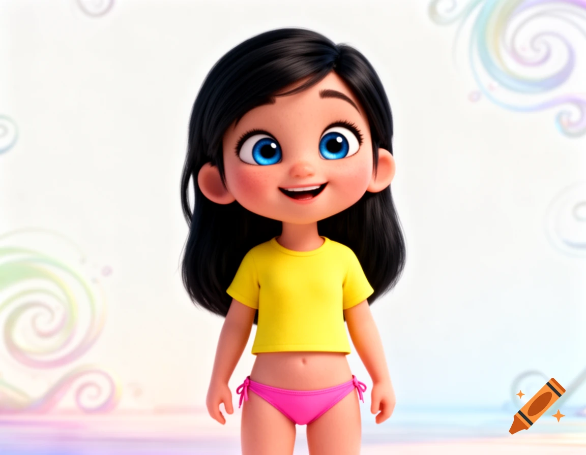 A smiling cartoon girl in Illumination style, with black hair, blue eyes, wearing a yellow t-shirt and pink bikini briefs.