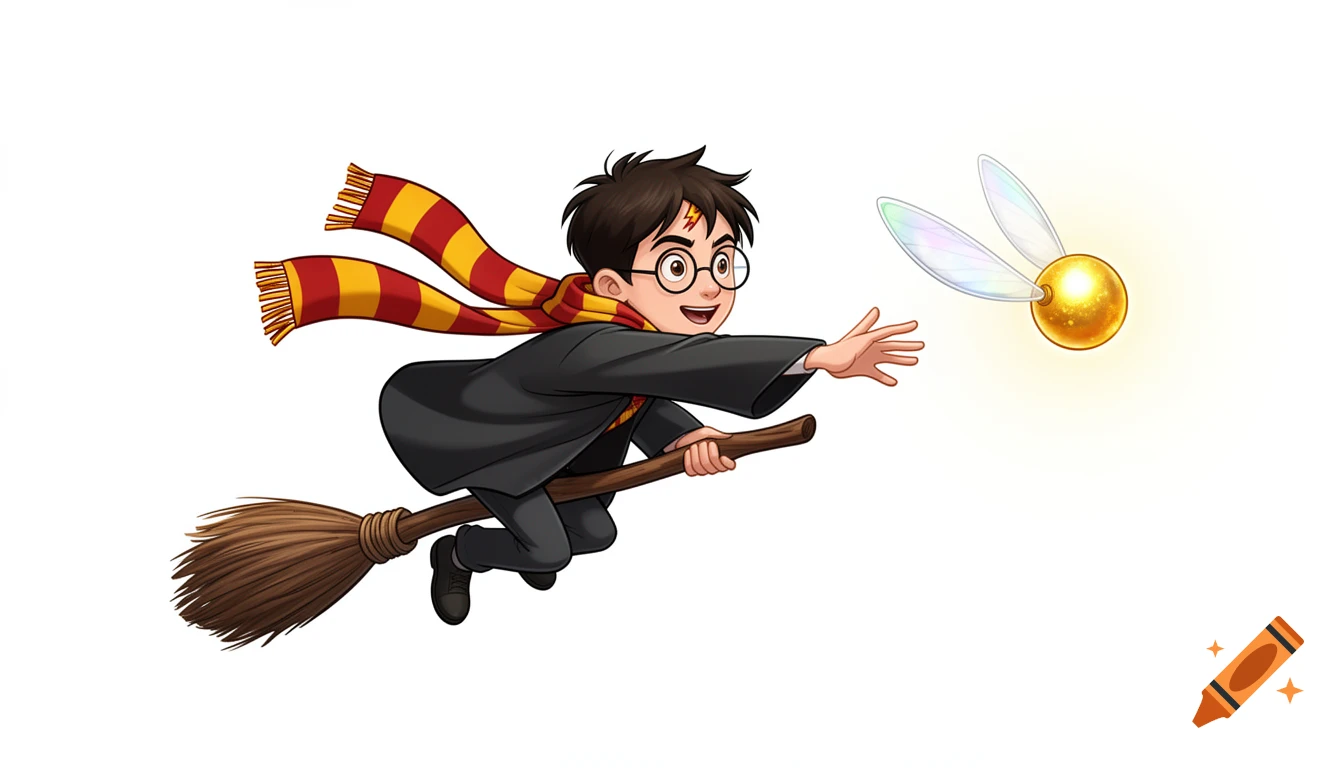 Cartoon Harry Potter on a broomstick, wearing a scarf, reaching for a glowing golden snitch on a white background.