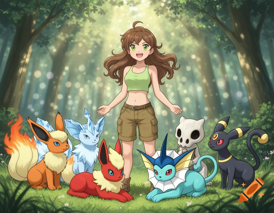 A smiling anime-style Pokémon trainer with brown hair and green eyes stands in a forest with several Pokémon, including Flareon, Glaceon, Vaporeon, Cubone, and Umbreon.