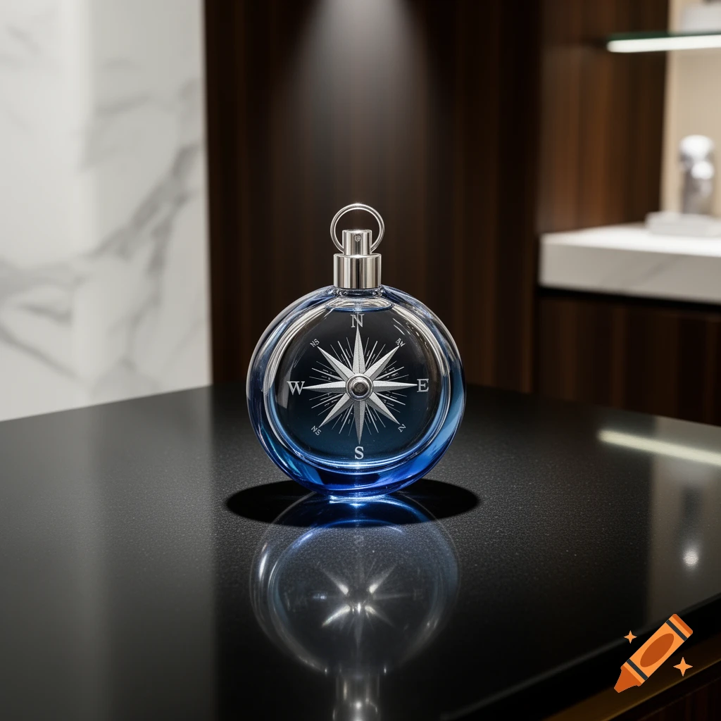 A blue, circular perfume bottle with a compass design sits on a glossy black table in a luxurious setting.