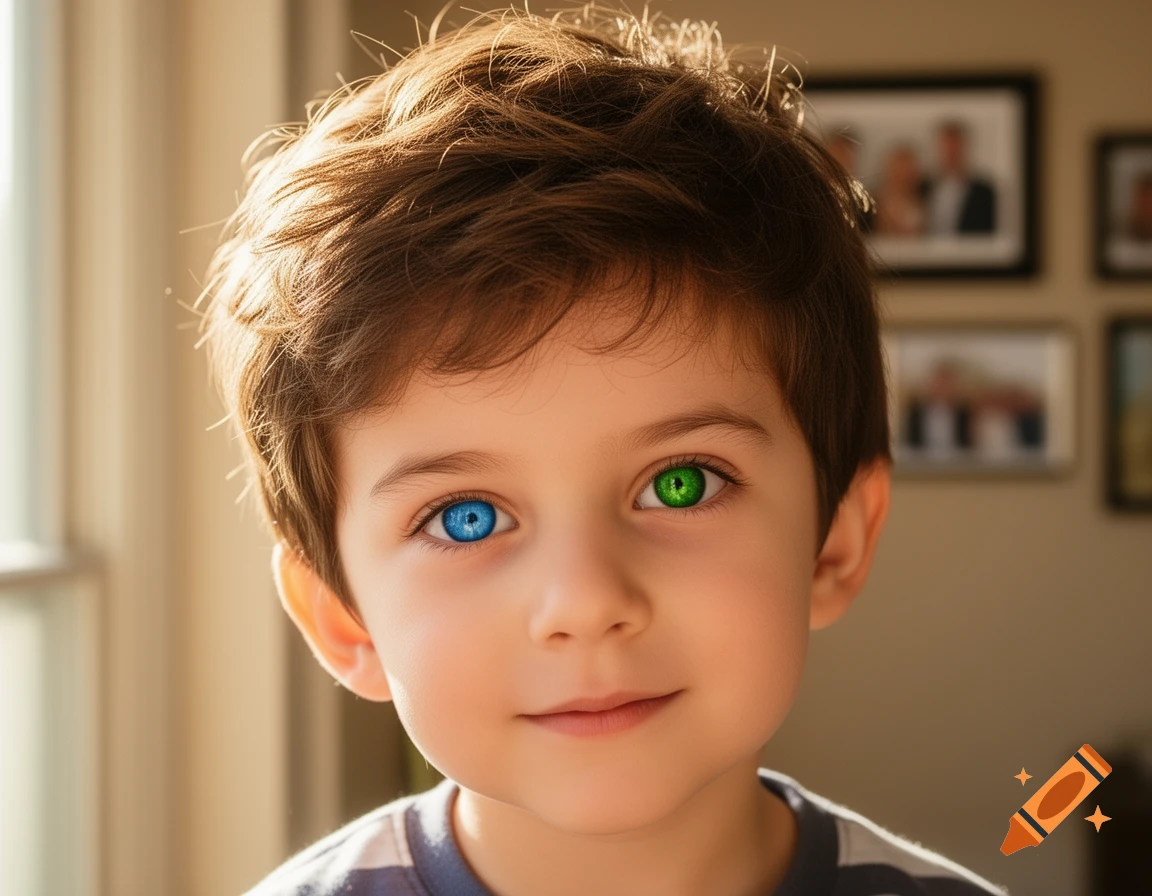 A close-up photorealistic portrait of a young boy with heterochromia, one blue eye and one green eye.