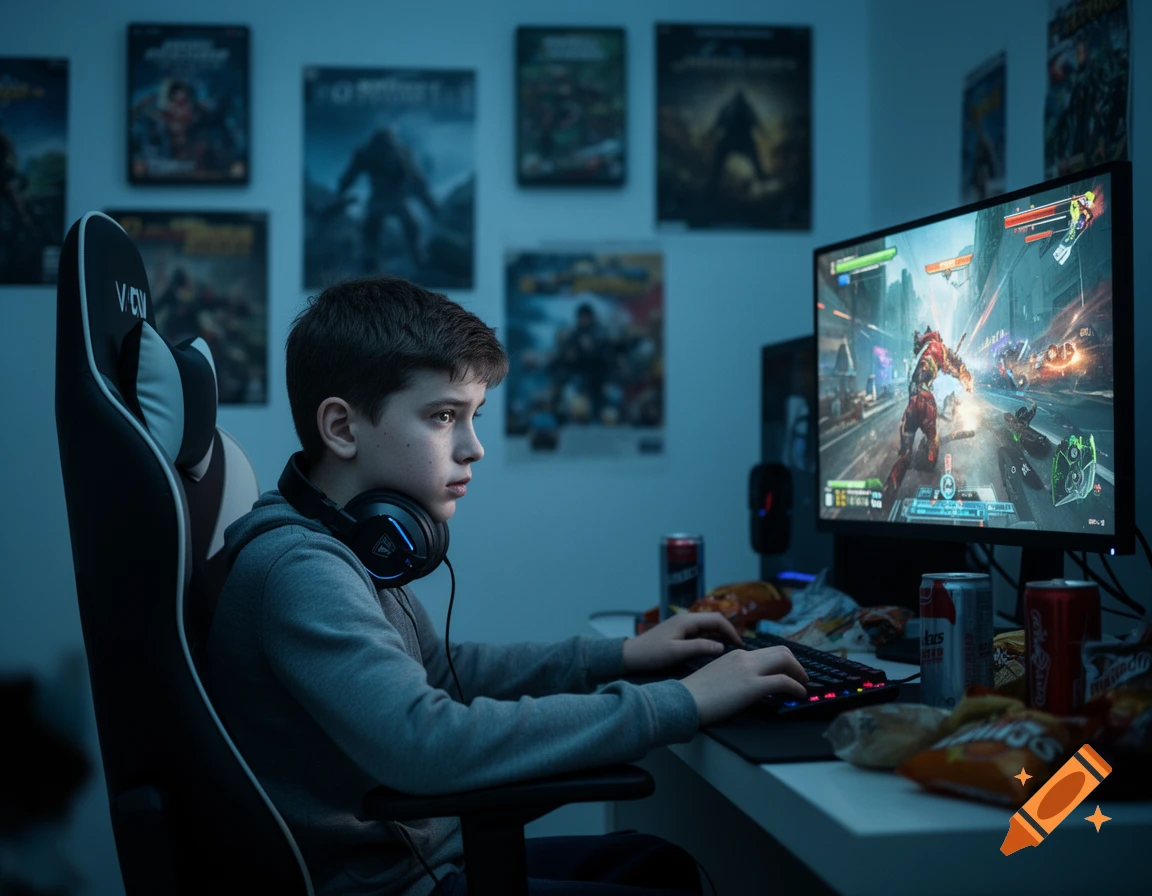A young boy with headphones intently plays a video game on a computer in a dimly lit room, with snack bags and soda cans on his desk.