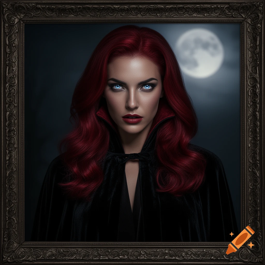 Photorealistic portrait of a female vampire with cherry red hair and piercing blue eyes in a black cloak, against a moonlit dark background, within an ornate frame.