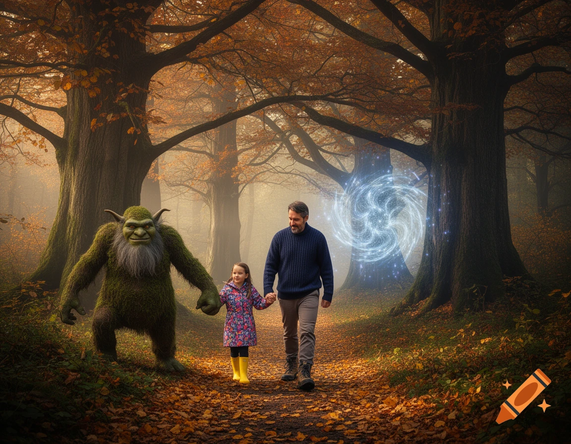 A father and daughter walk with a friendly moss-covered troll through an autumn forest towards a glowing blue portal.