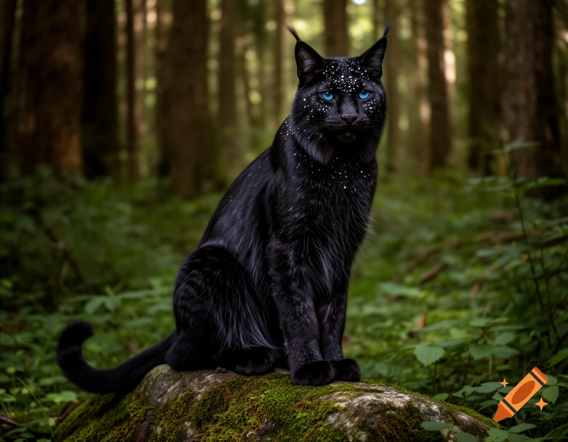 A photorealistic black lynx-like cat with piercing blue eyes and white speckles sits on a mossy rock in a lush forest.