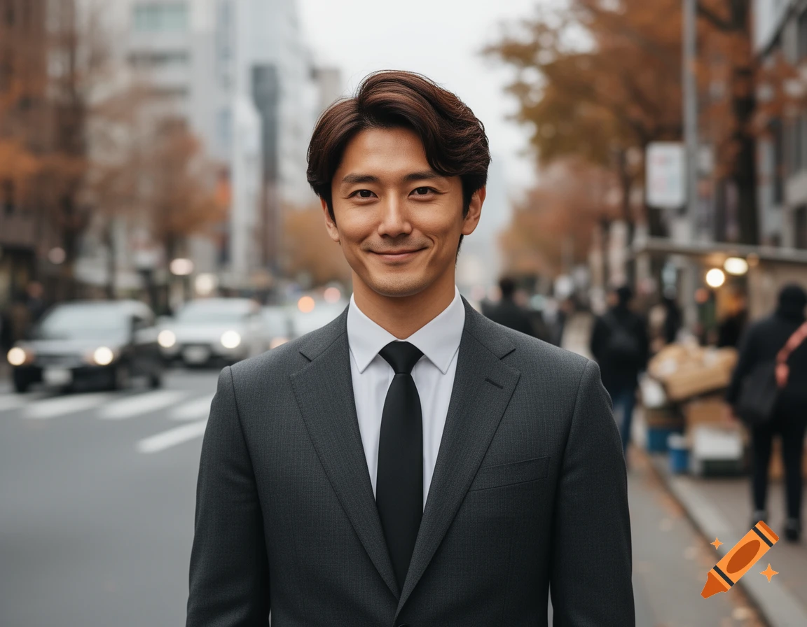 A smiling East Asian man in a dark suit and tie stands on a city street with blurred cars and buildings.