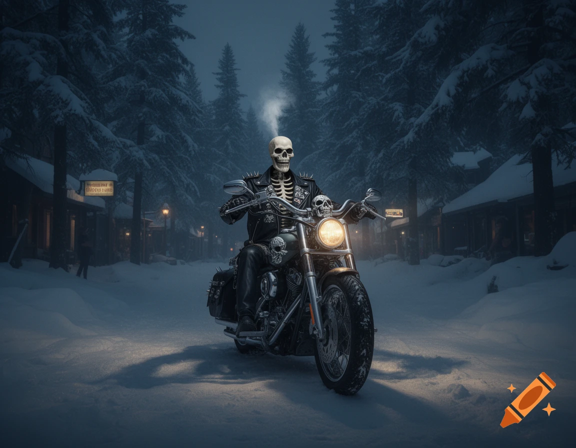 A skeleton in a leather jacket rides a motorcycle on a snowy road through a dark, snow-covered forest town.